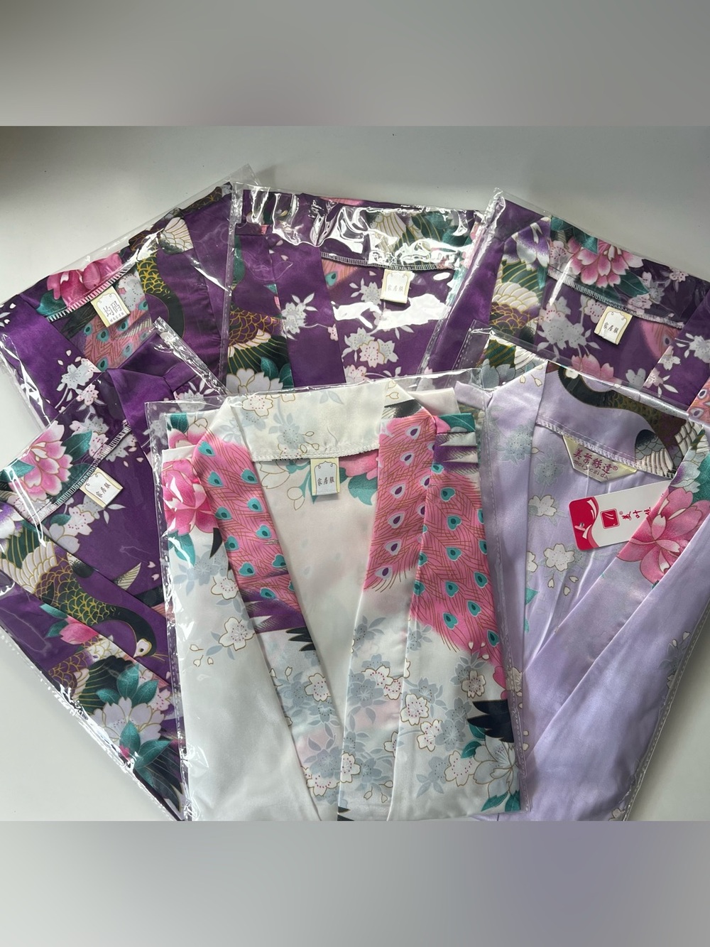 Satin Floral Kimono Robe - Purple & White